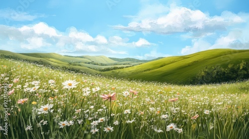 A daytime scene with a field of flowers swaying in the breeze, set against a backdrop of rolling green hills and a bright blue sky.