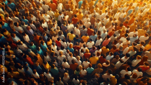 Aerial view of a large crowd of people, creating a textured background with a bird's-eye perspective, showcasing hundreds of individuals in a toned palette.