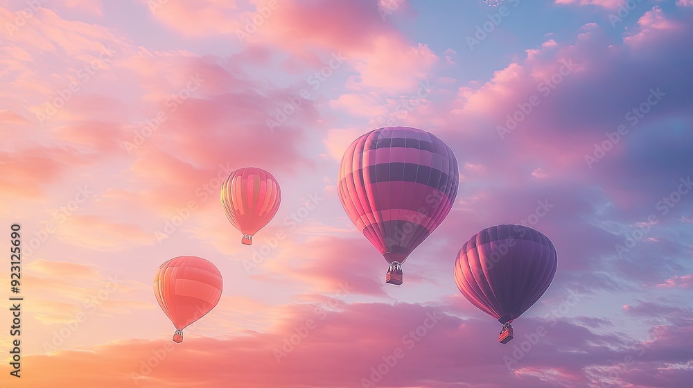 Obraz premium A group of colorful air balloons ascending in the sky at dawn, with soft light illuminating the scene.