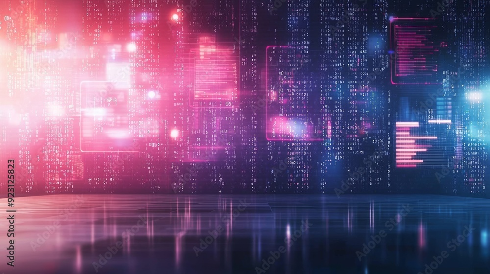 Fototapeta premium A vibrant digital background featuring colorful lights and abstract patterns, perfect for technology or futuristic themes.