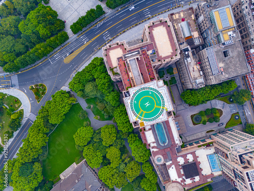 Aerial View Of Shanghai in the fog at sunrise