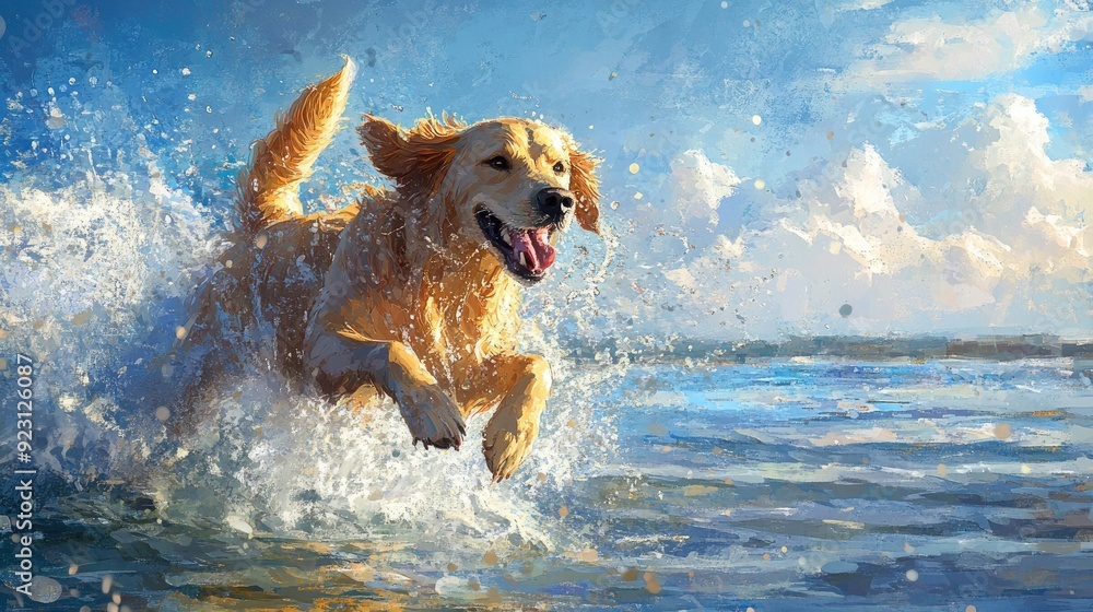 A joyful Golden Retriever running out of the water with a stick, droplets flying as it shakes off, against a backdrop of a serene lake. A joyful Golden Retriever running out of the water with a stick, droplets flying as it shakes off, against a backdrop of a serene lake.