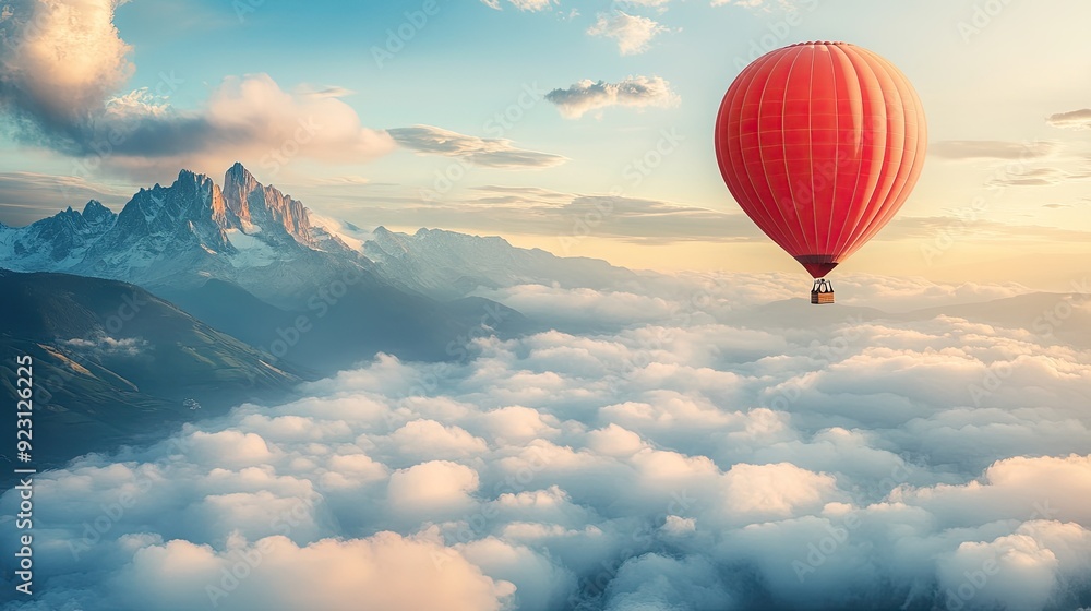 A lone red hot-air balloon flying high above the clouds, with the peaks of mountains visible below, against a bright morning sky. A lone red hot-air balloon flying high above the clouds, with the peaks of mountains visible below, against a bright morning sky.
