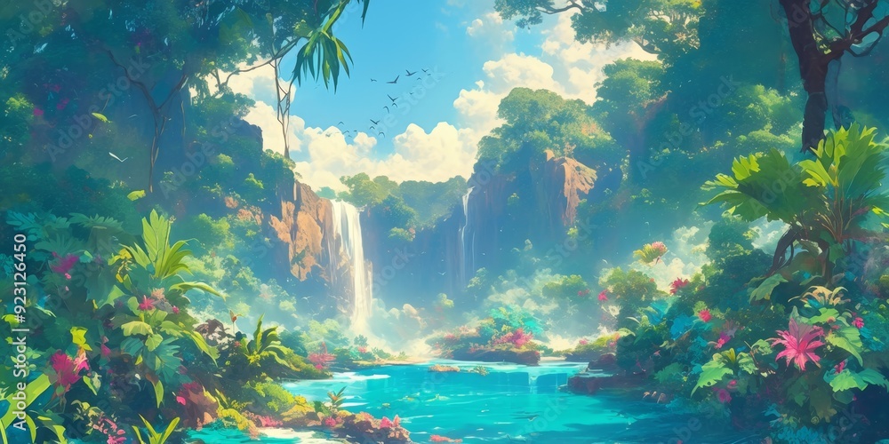 Obraz premium Enchanting Anime-Style Summer Valley in Japan: Lush Green Landscape with Cascading Waterfalls and Vibrant Flora. Dreamy 4K Wallpaper for Creative Marketing, Children's Book Illustrations, and Stunning
