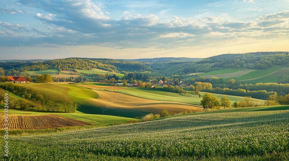 Obraz premium A panoramic shot of Moravia's spring landscape, featuring a patchwork of biobelts and fields, with soft hills and distant farms completing the serene scene.