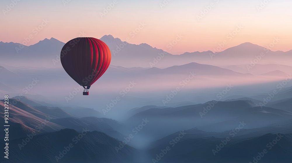 A striking red hot-air balloon soaring over hills and mountains, with clouds below and the sun rising on the horizon. A striking red hot-air balloon soaring over hills and mountains, with clouds below and the sun rising on the horizon.