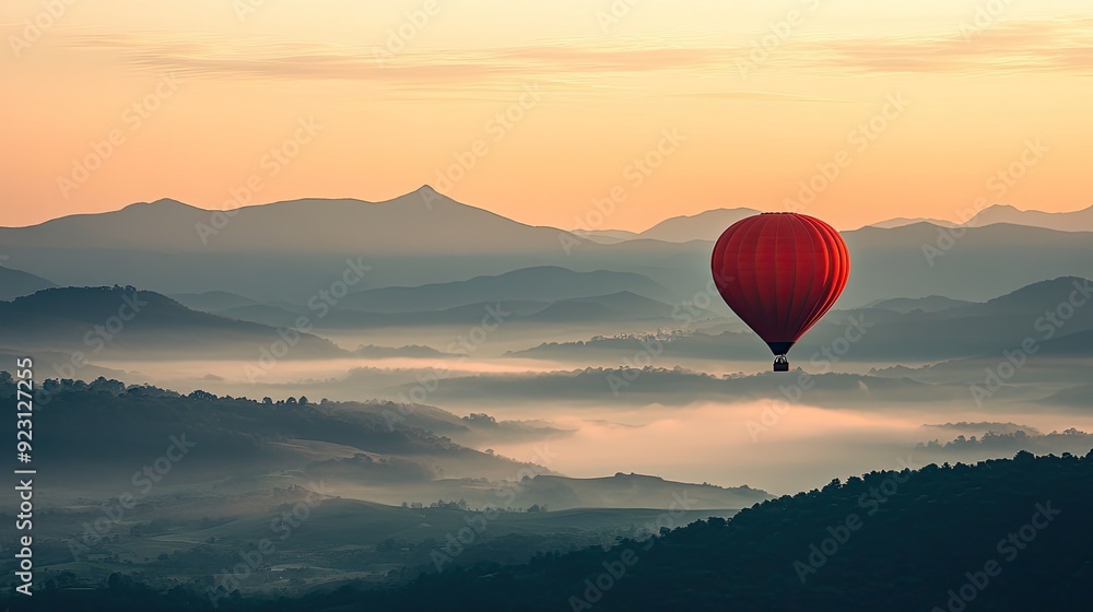 Fototapeta premium A striking red hot-air balloon soaring over hills and mountains, with clouds below and the sun rising on the horizon.