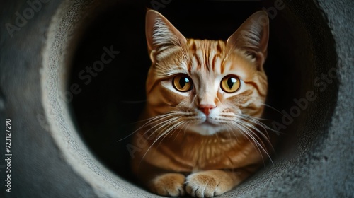 A red tabby cat cautiously looking out from a round hole, its inquisitive expression and sharp gaze capturing a moment of curiosity.