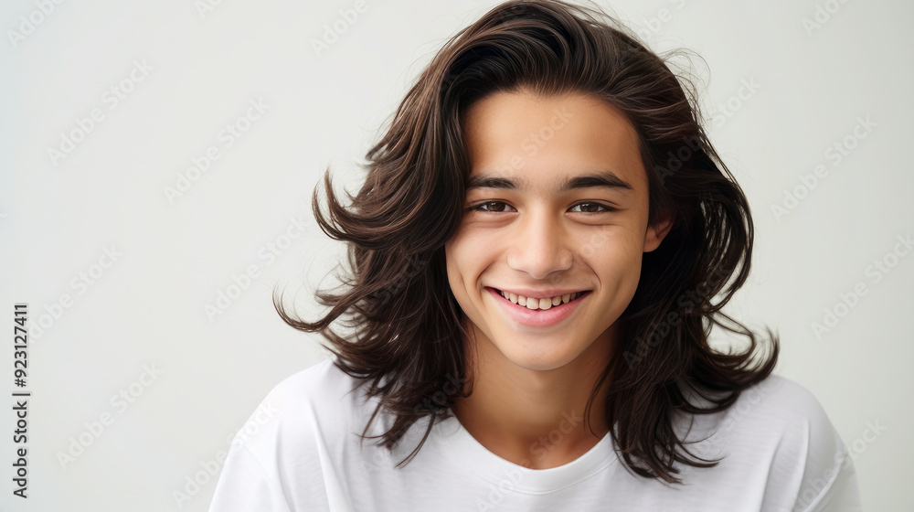 Portrait of a cute handsome happy Asian teenager guy with long hair and perfect skin, white background, banner. Portrait of a cute handsome happy Asian teenager guy with long hair and perfect skin, white background, banner.