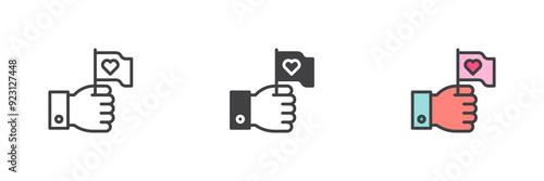 Hand hold flag with heart different style icon set