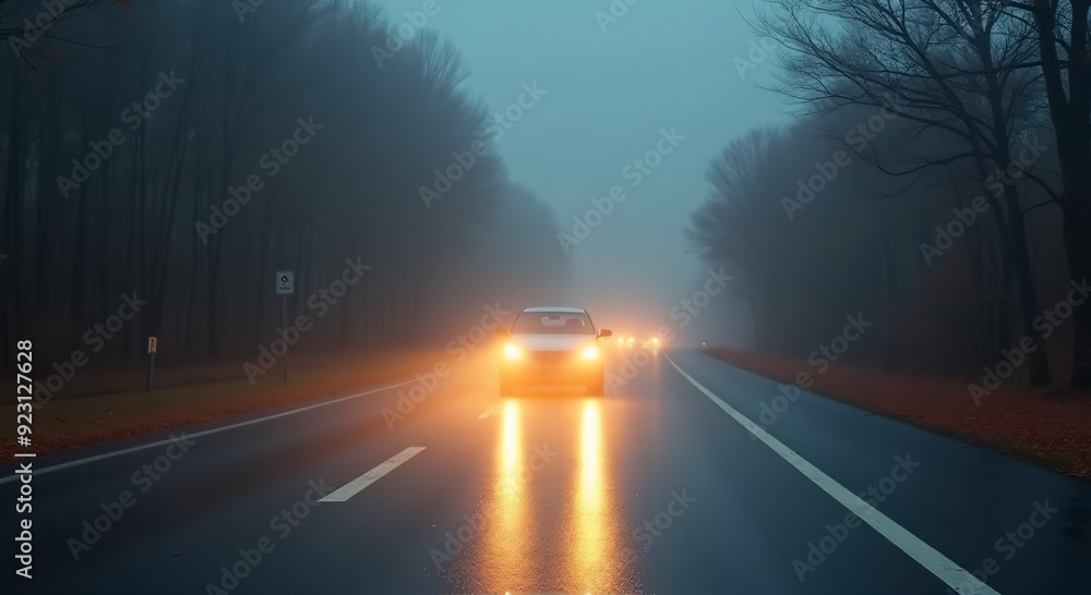 foggy highway, autumn rain, illuminated headlights, motion blur, copy space, evokes tranquility, ideal for travel, safety, weather, transportation themes foggy highway, autumn rain, illuminated headlights, motion blur, copy space, evokes tranquility, ideal for travel, safety, weather, transportation themes