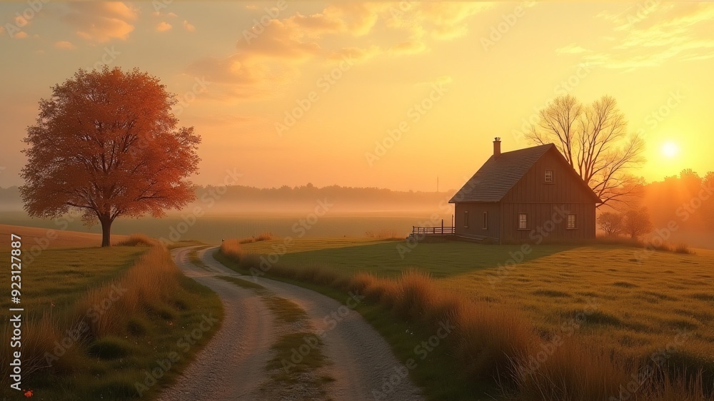 serene autumn landscape, solitary house, winding gravel path, golden sunset, tranquility, peace, rural living, perfect for lifestyle marketing, nature themes, copy space serene autumn landscape, solitary house, winding gravel path, golden sunset, tranquility, peace, rural living, perfect for lifestyle marketing, nature themes, copy space