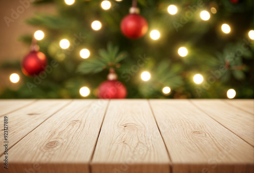 white The empty wooden table top with blur background of Christmas