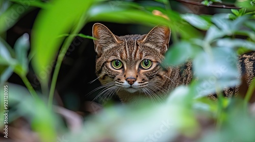 Wallpaper Mural Close-up of a Wild Cat's Face Hidden in Lush Green Foliage Torontodigital.ca