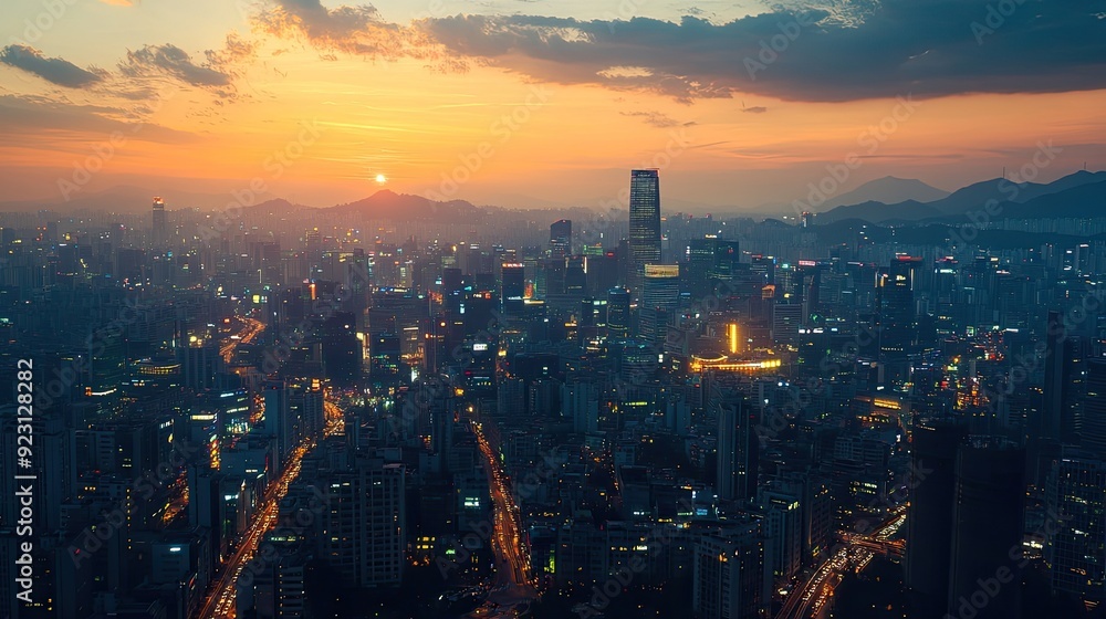 Fototapeta premium A twilight view of Seoul cityscape, with glowing skyscrapers and busy streets, reflecting the dynamic and ever-evolving nature of South Korea's capital.