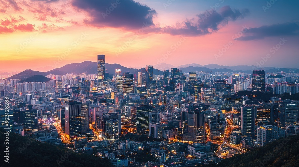 A twilight view of Seoul cityscape, with glowing skyscrapers and busy streets, reflecting the dynamic and ever-evolving nature of South Korea's capital. A twilight view of Seoul cityscape, with glowing skyscrapers and busy streets, reflecting the dynamic and ever-evolving nature of South Korea's capital.