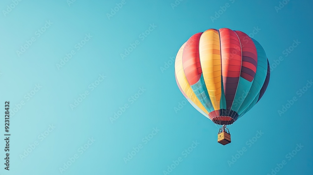 Naklejka premium A striking red hot-air balloon soaring over hills and mountains, with clouds below and the sun rising on the horizon.