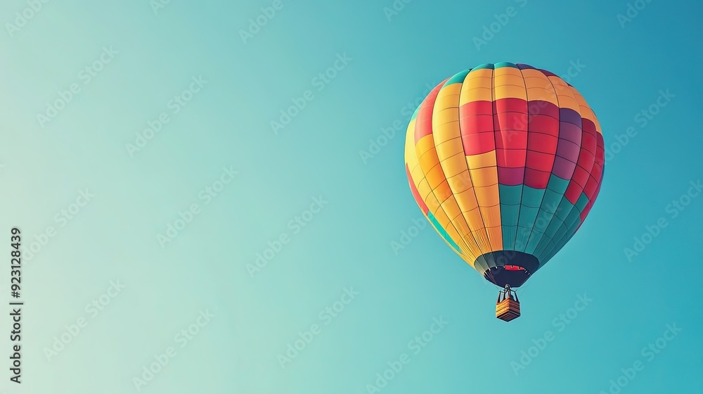 Naklejka premium A striking red hot-air balloon soaring over hills and mountains, with clouds below and the sun rising on the horizon.