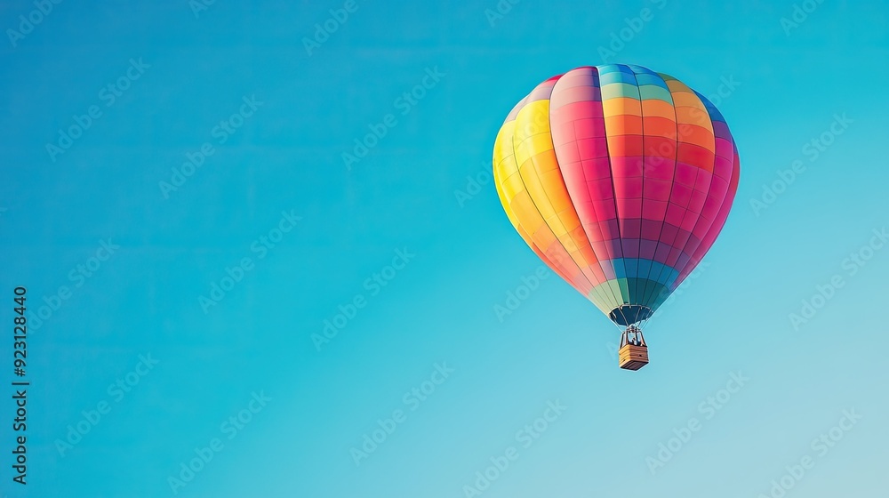 Fototapeta premium A striking red hot-air balloon soaring over hills and mountains, with clouds below and the sun rising on the horizon.