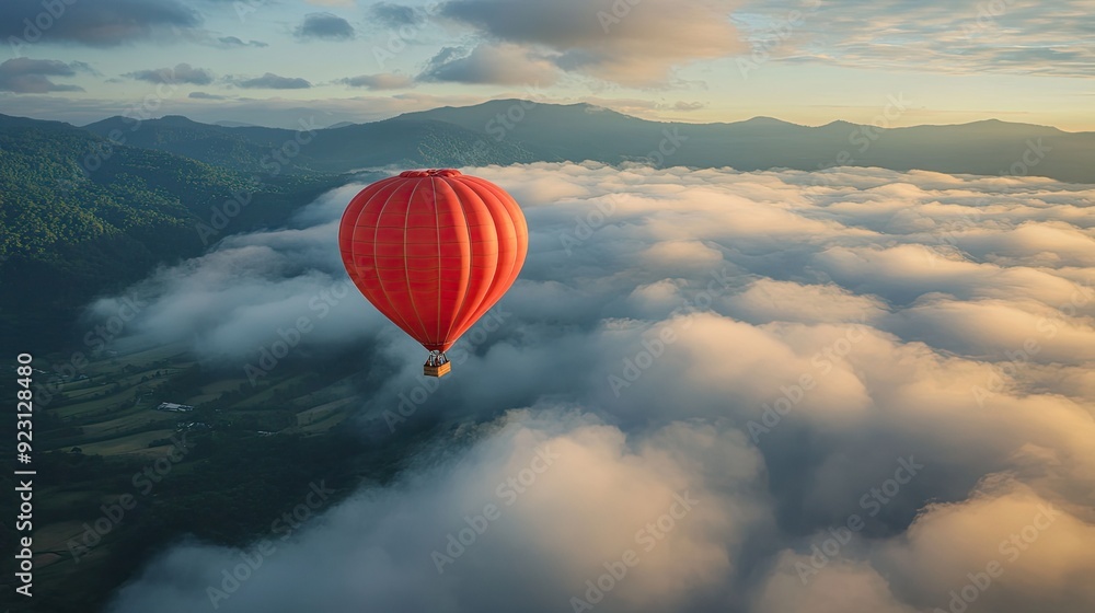 A striking red hot-air balloon soaring over hills and mountains, with clouds below and the sun rising on the horizon. A striking red hot-air balloon soaring over hills and mountains, with clouds below and the sun rising on the horizon.