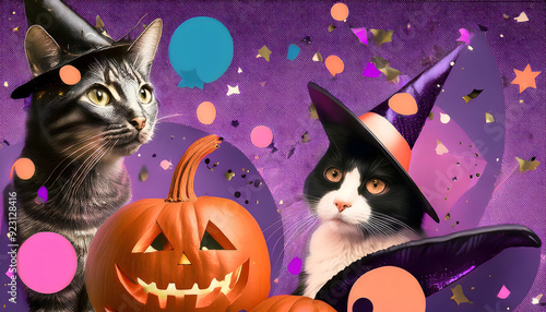 halloween, katze, kürbis, collage, digital, art, y2k, pink, neon, neu, hintergrund, copy space, nostalgia, style, pop, close up, schwarze, hexe, 90s, retro, hut, party, pattern, muster, kunst, lila photo