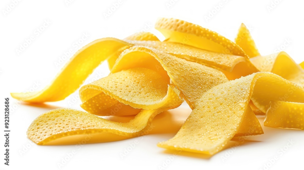 Pile of lemon zest strips isolated on a white background, commonly used as a flavor enhancer in cooking and baking recipes. Pile of lemon zest strips isolated on a white background, commonly used as a flavor enhancer in cooking and baking recipes.