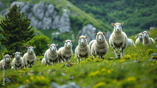 A herd of sheep grazed serenely on the vibrant, verdant slope. photo