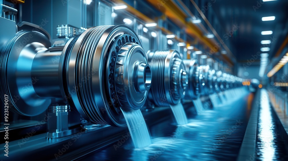 Close-up of water turbines inside a hydropower plant, showing the intricate engineering and flowing water, ultra-detailed, energy production Close-up of water turbines inside a hydropower plant, showing the intricate engineering and flowing water, ultra-detailed, energy production