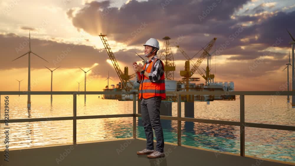 Full Body Side View Of Asian Male Engineer With Safety Helmet Smiling And Clapping His Hands While Standing With Offshore Hydrogen Production Full Body Side View Of Asian Male Engineer With Safety Helmet Smiling And Clapping His Hands While Standing With Offshore Hydrogen Production