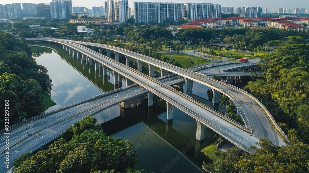 Aerial view of a symmetrical overpass stretching over a river in Singapore, with sleek lines and reflective surfaces creating a modern urban scene. Aerial view of a symmetrical overpass stretching over a river in Singapore, with sleek lines and reflective surfaces creating a modern urban scene.