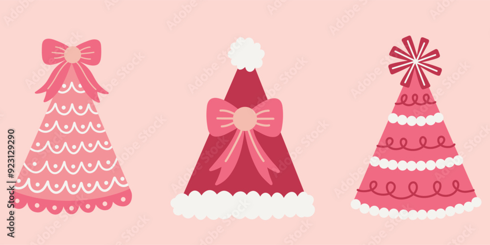 Coquette style party hats illustration set. Cute party hats with quirky patterns and charming ribbons. Perfect for birthday and other party projects. Hand drawn vector illustrations. Coquette style party hats illustration set. Cute party hats with quirky patterns and charming ribbons. Perfect for birthday and other party projects. Hand drawn vector illustrations.