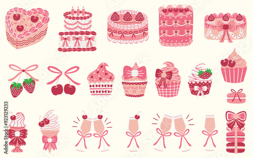 Coquette style desserts and drinks illustration set. Vintage style cakes, cupcakes, cherries, strawberries, macarons, milkshake, ice cream, rose wine glasses. Hand drawn vector illustrations.