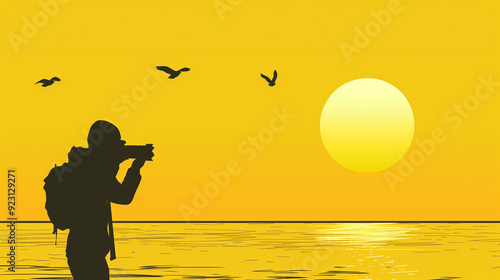 a sunset with a bird flying over the water and a large orange moon. World photography day