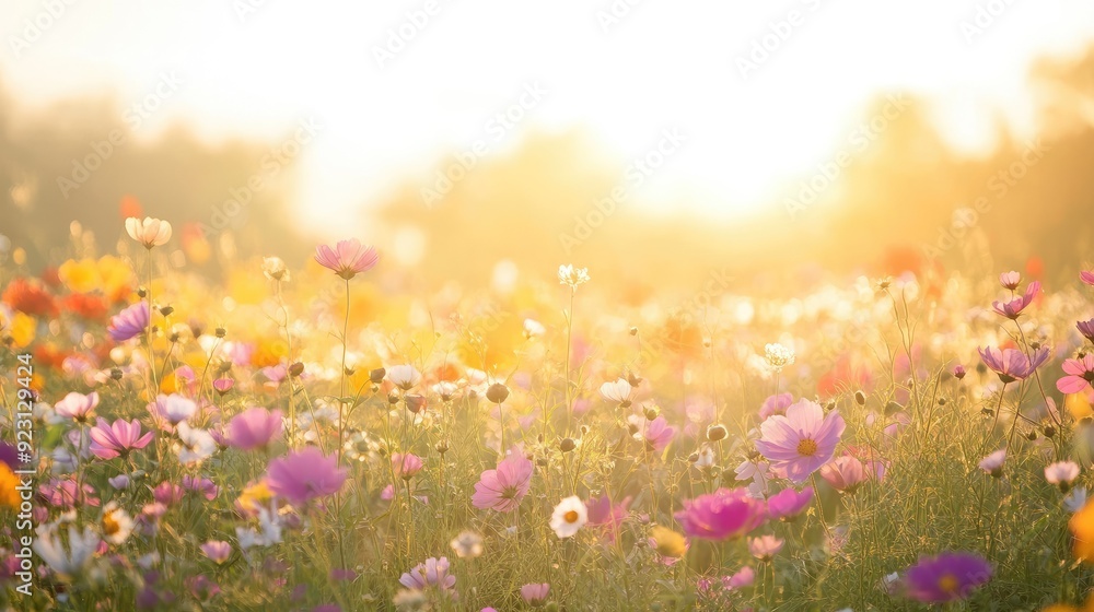 Fototapeta premium An expansive view of a field covered in flowers, with the bright daytime sun illuminating the vibrant colors and the natural beauty of the scene.