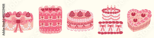 Coquette themed birthday cakes illustration set. Vintage style cakes decorated with ribbons, cherries, and strawberries. Hand drawn vector illustrations.