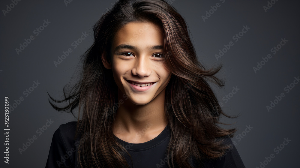 Portrait of a cute handsome happy Asian teenager guy with long hair and perfect skin, gray background, banner. Portrait of a cute handsome happy Asian teenager guy with long hair and perfect skin, gray background, banner.