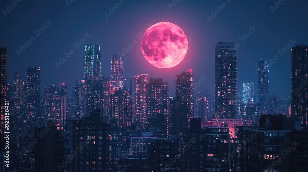 The full April pink moon shining brightly above a city skyline, with one building standing out against the luminous backdrop. The full April pink moon shining brightly above a city skyline, with one building standing out against the luminous backdrop.