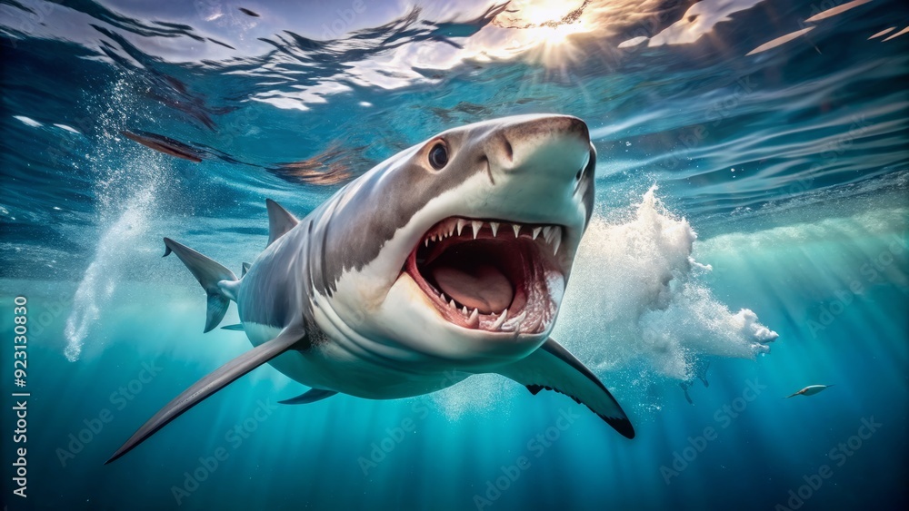 Obraz premium Fierce great white shark jaws open wide, revealing razor-sharp teeth, as it prepares to attack its unsuspecting prey in the crystal-clear ocean waters.