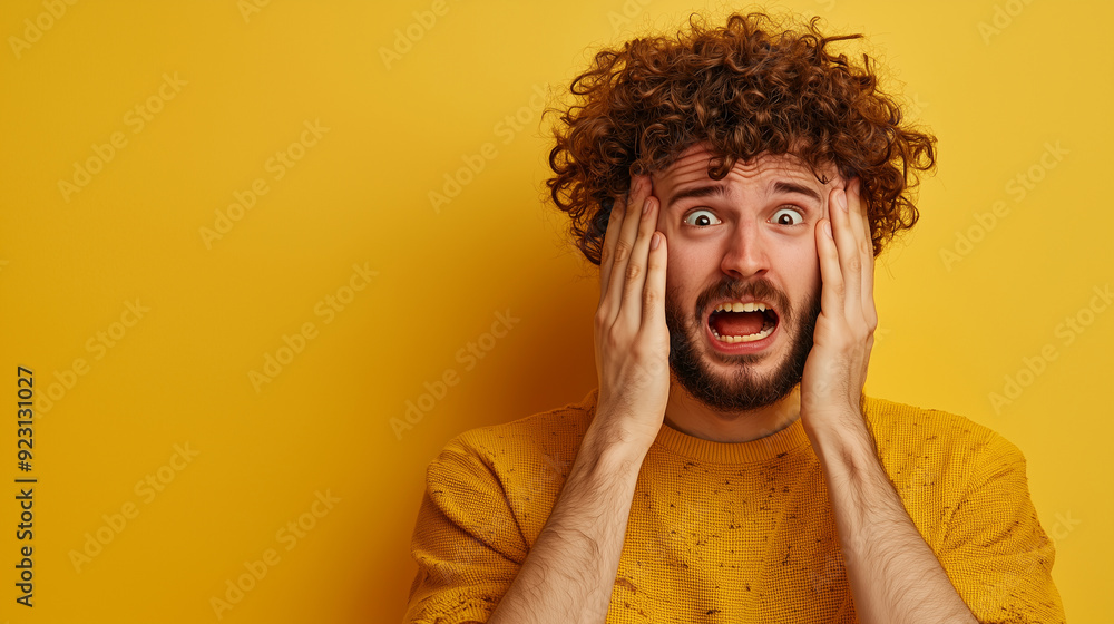 A close-up of a man screaming in shock or fear, with a vibrant yellow background. His curly hair and wide-eyed expression add intensity and drama to the image. A close-up of a man screaming in shock or fear, with a vibrant yellow background. His curly hair and wide-eyed expression add intensity and drama to the image.