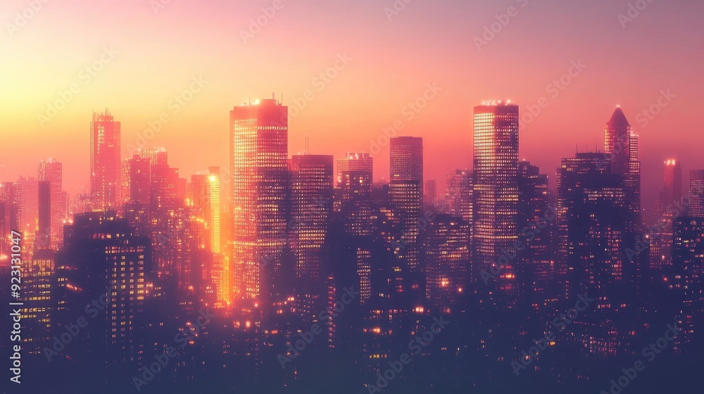 The transition from day to night over a city skyline, with the buildings glowing against the deepening colors of dusk. The transition from day to night over a city skyline, with the buildings glowing against the deepening colors of dusk.