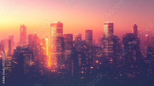 The transition from day to night over a city skyline, with the buildings glowing against the deepening colors of dusk.