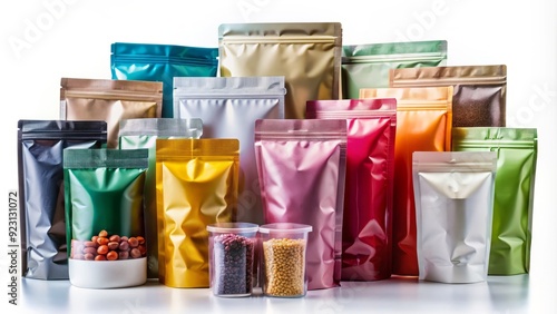 Flexible packaging solutions displayed on a white background, showcasing a variety of pouches, bags, and sleeves in assorted colors, shapes, and sizes.