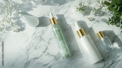 skincare, skincare products, cleanser, toner, moisturizer, jade roller, marble countertop, clean and elegant, natural beauty, simple beauty routine, soft lighting, textures, product colors,