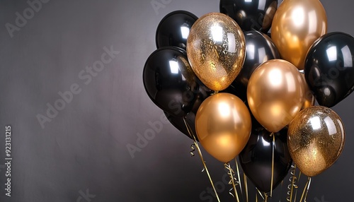 Wallpaper Mural Black and golden balloons shimmering against a stylishly dark gray backdrop in right corner, evoking an atmosphere of opulence and jubilation, Solid Color Background Torontodigital.ca