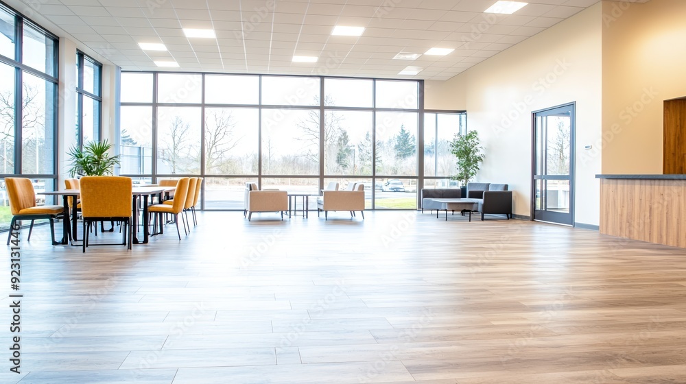 Bright and modern interior of a spacious room with large windows, wooden floor, and stylish furniture. Bright and modern interior of a spacious room with large windows, wooden floor, and stylish furniture.