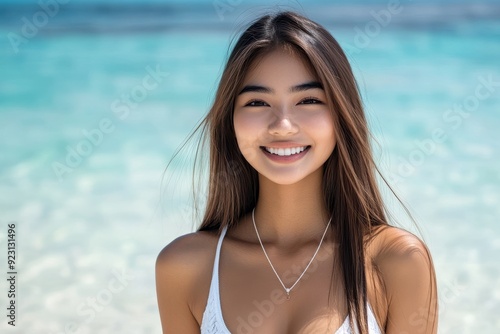 A happy Asian woman with a bright smile lounges on a tropical beach, enjoying the sun and white sand with a breathtaking blue ocean view