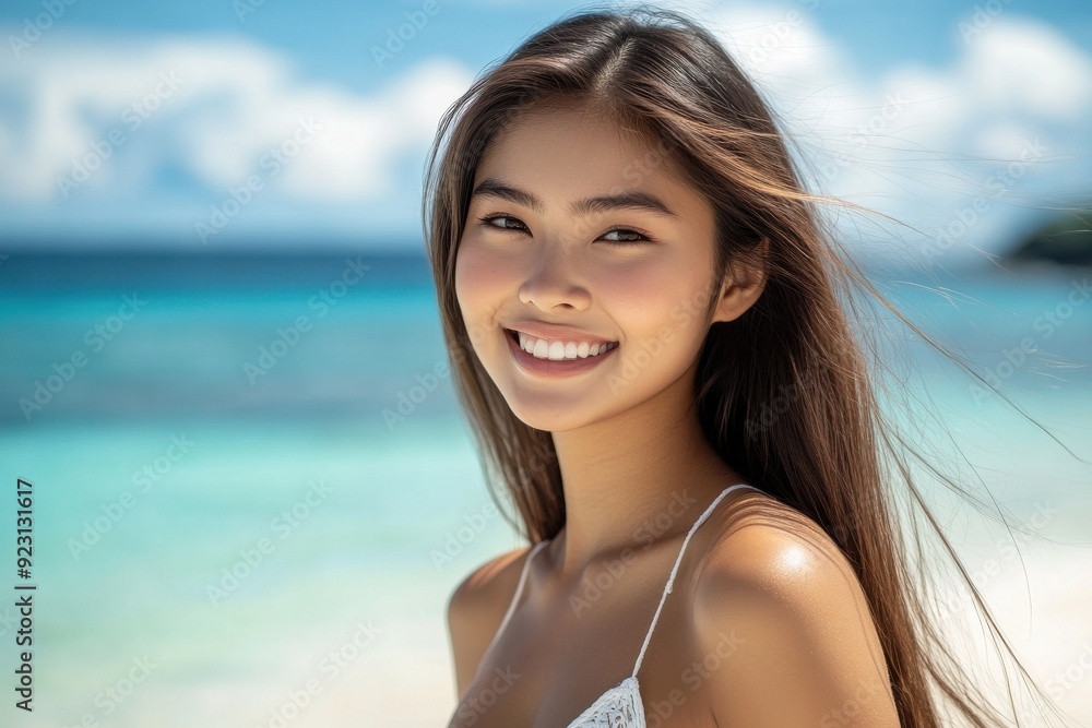 A happy Asian woman with a bright smile lounges on a tropical beach, enjoying the sun and white sand with a breathtaking blue ocean view A happy Asian woman with a bright smile lounges on a tropical beach, enjoying the sun and white sand with a breathtaking blue ocean view