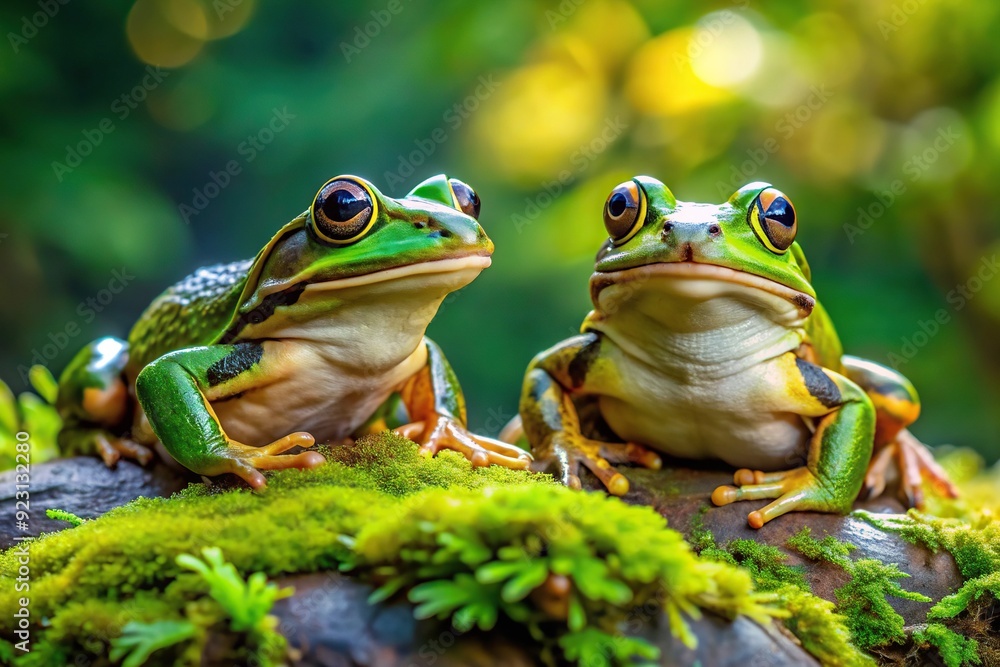 Vibrant green forest frogs with golden eyes sit on moss-covered rocks, their loud croaks filling the air in a serene and peaceful woodland scene. Vibrant green forest frogs with golden eyes sit on moss-covered rocks, their loud croaks filling the air in a serene and peaceful woodland scene.