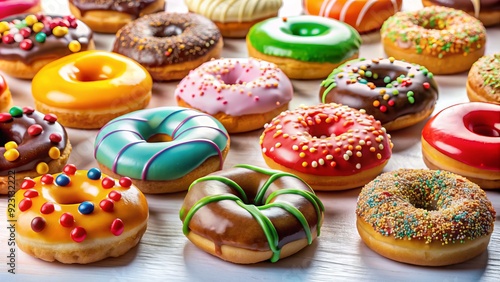 Wallpaper Mural Freshly baked assorted donuts arranged artfully on a clean white background, showcasing colorful glazes and creative toppings in a visually appealing still life composition. Torontodigital.ca