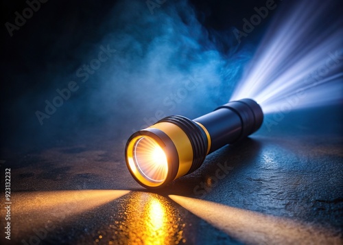 Vibrant flashlight beam illuminates a dark background, casting a warm glow on surrounding objects, creating a sense of mystery and adventure in a nighttime setting. photo